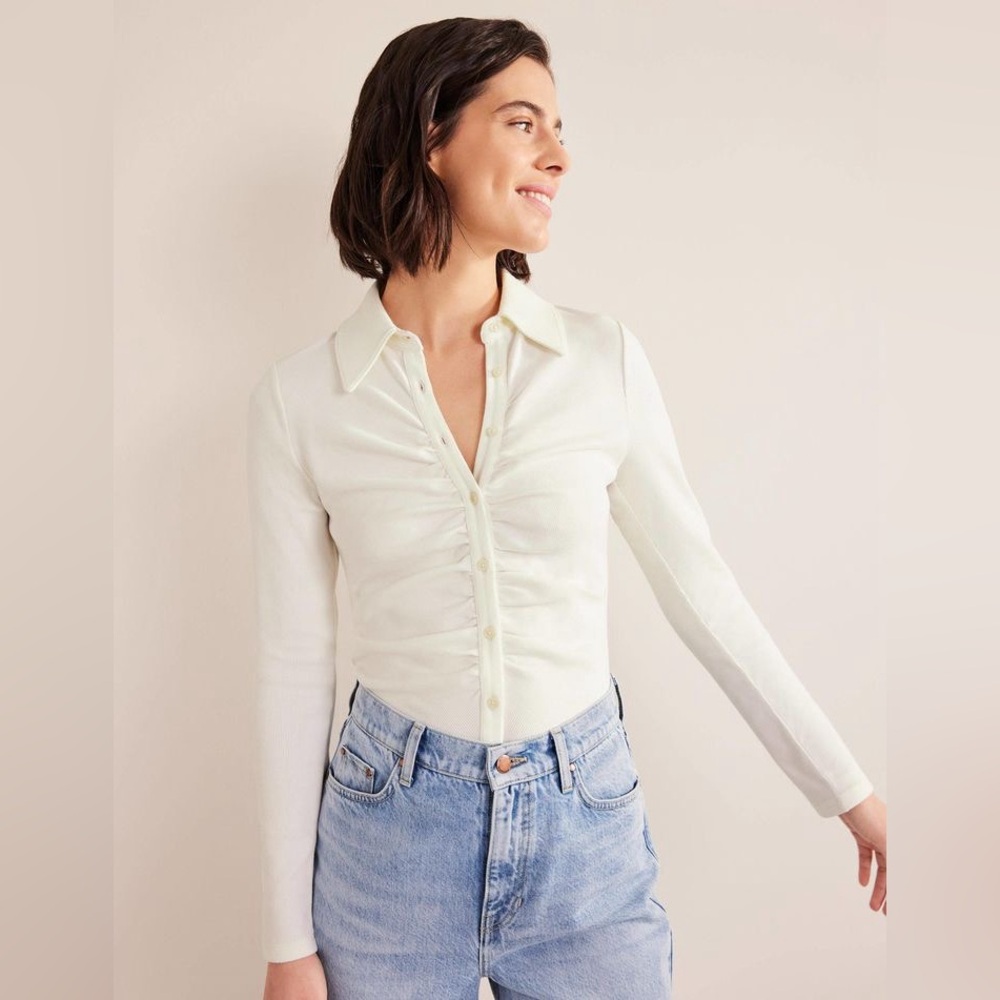 Boden Ruched Front Jersey Long Sleeve Button Up Top in Ivory - 4P Petite
